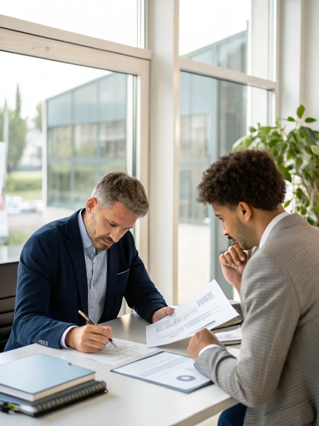 A consultant advising a business owner in a modern office setting, representing expert guidance.