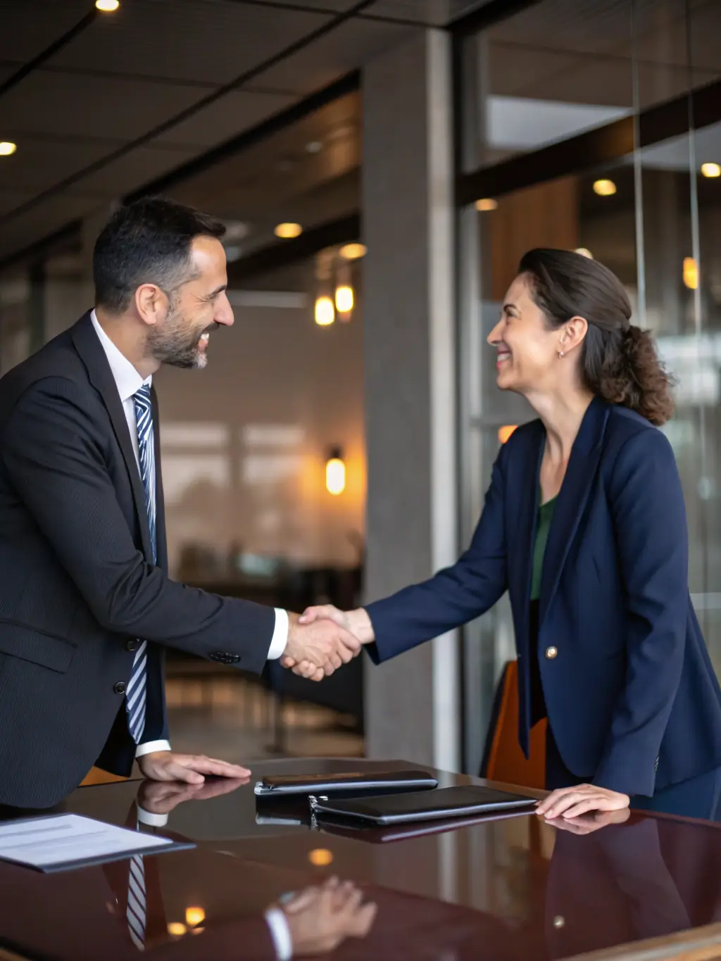 A professional consultant shaking hands with a satisfied business owner, symbolizing a successful partnership and trust in Clear Merchant Consulting.