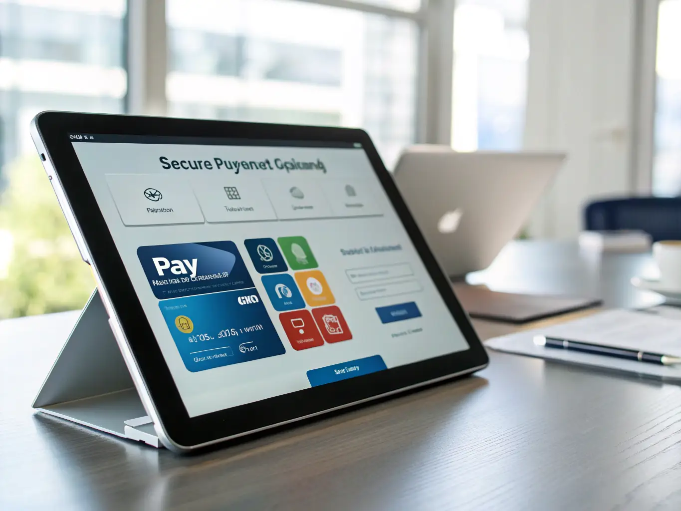 A secure payment gateway interface displayed on a tablet, showing encryption symbols and security protocols to represent enhanced data protection.