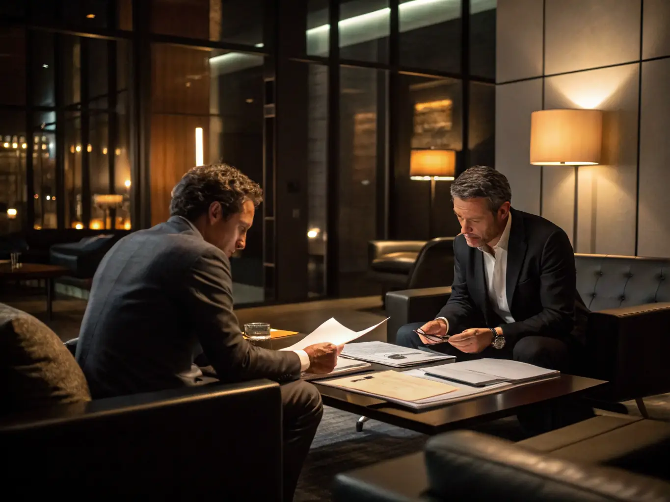 A consultant reviewing financial documents with a client in a modern office setting, emphasizing risk assessment and strategic planning.
