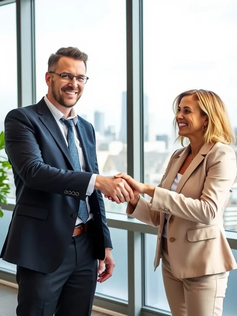 A handshake between a consultant and a bank representative, symbolizing strong banking relationships.