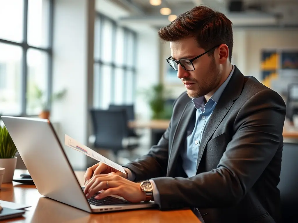 A professional businessman analyzing payment processing data on a laptop, with charts and graphs illustrating optimized payment flows and reduced transaction costs.